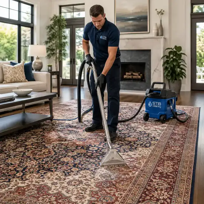 Technician steam cleaning a patterned rug in a living room